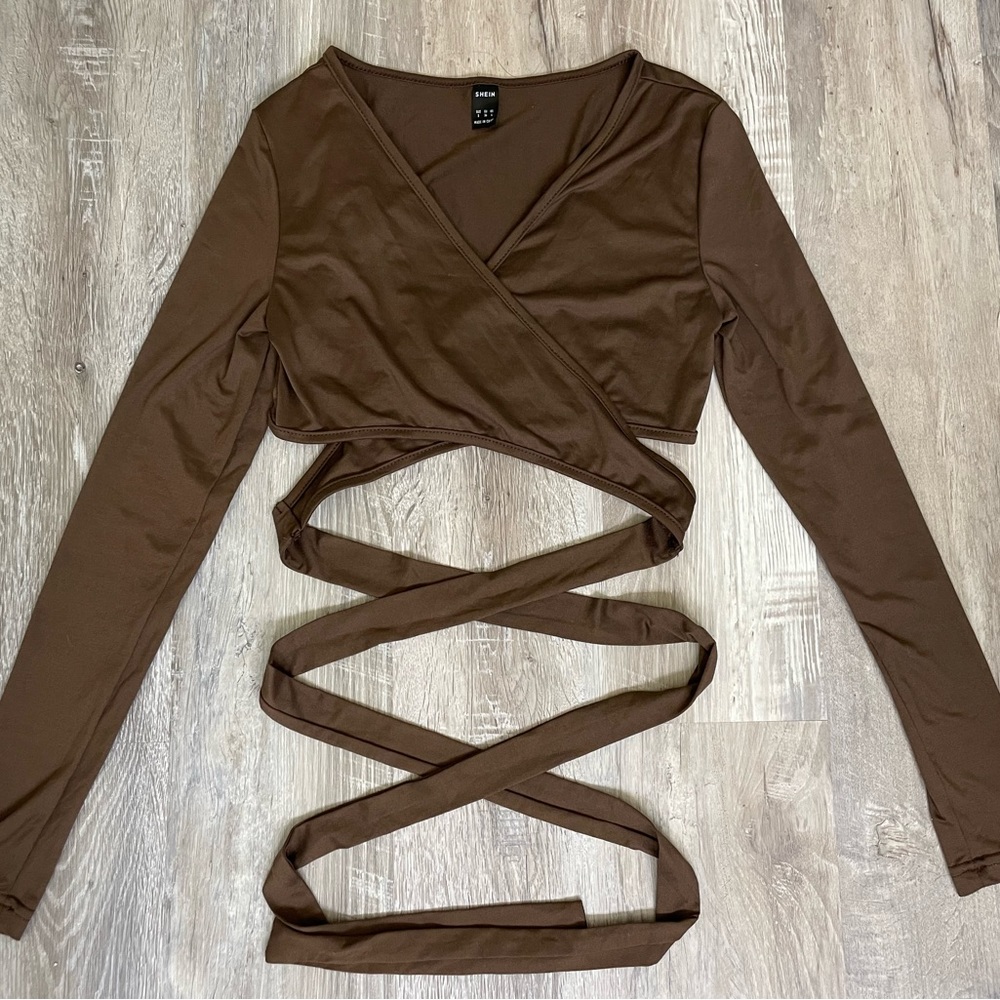 Shein brown, cross tie waist crop top (small)